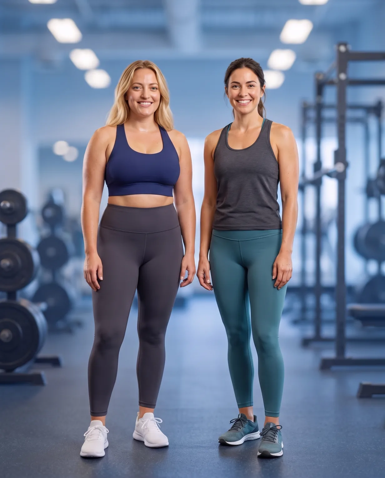 Two smiling women in workout clothes standing in a gym