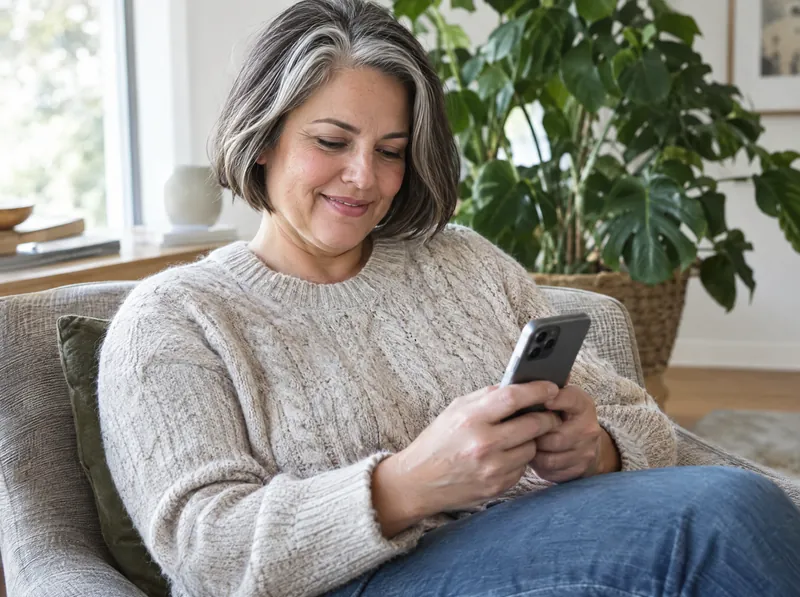 Woman in an armchair checking her phone