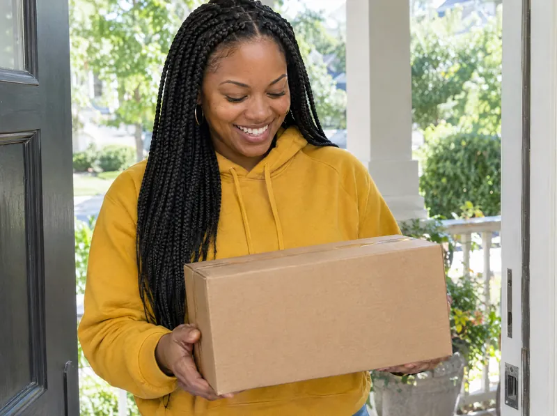 Woman at her front door holding a delivery box