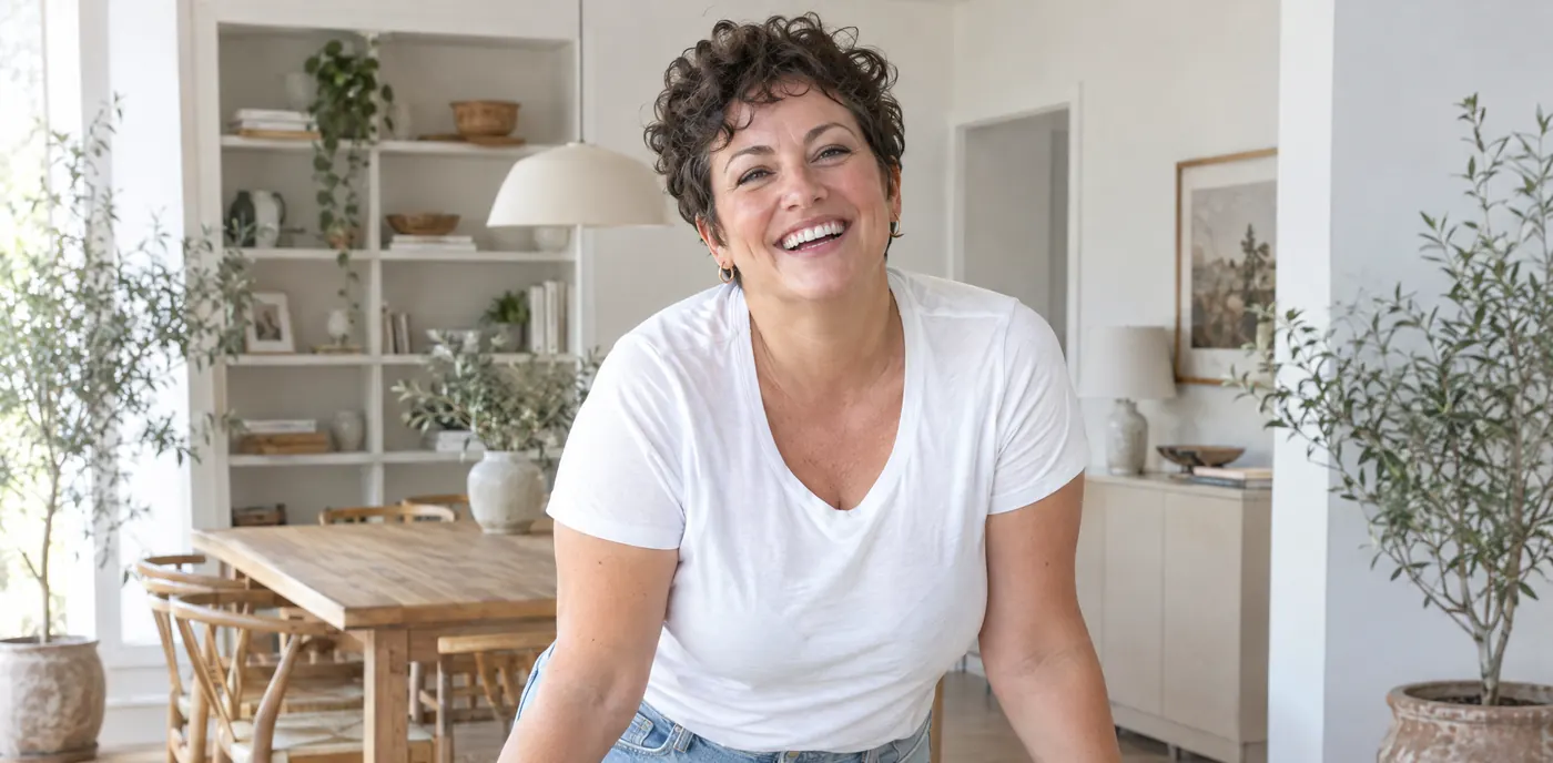 Smiling woman leaning on a sofa at home