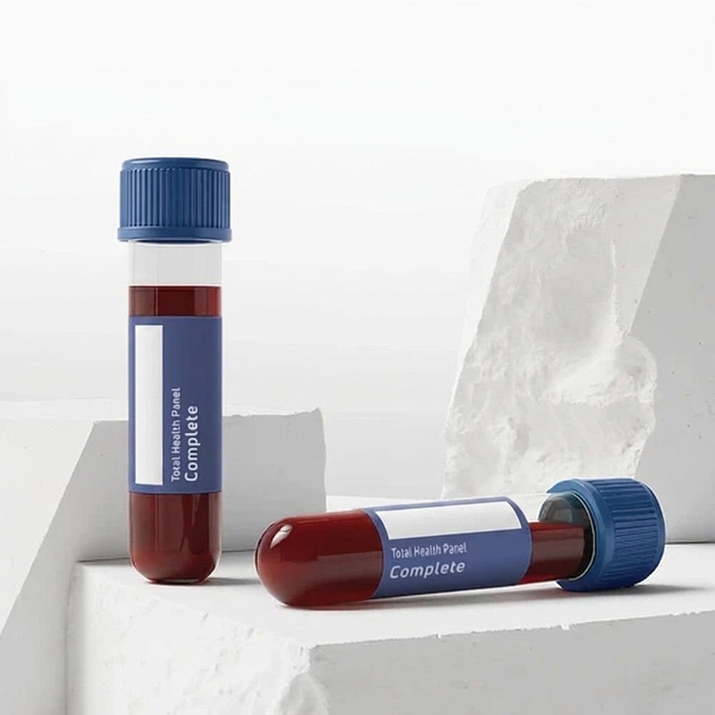 Two blood collection vials labelled Total Health Panel Complete